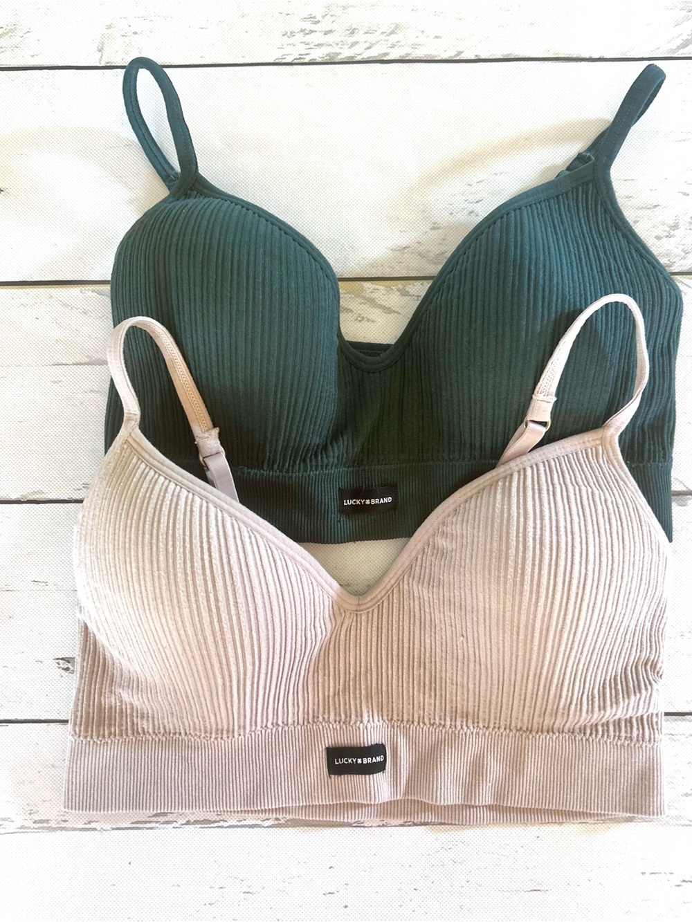 Lot of 2 Lucky Brand Women's Ribbed Bralette Sz L in Forest green & Taupe
